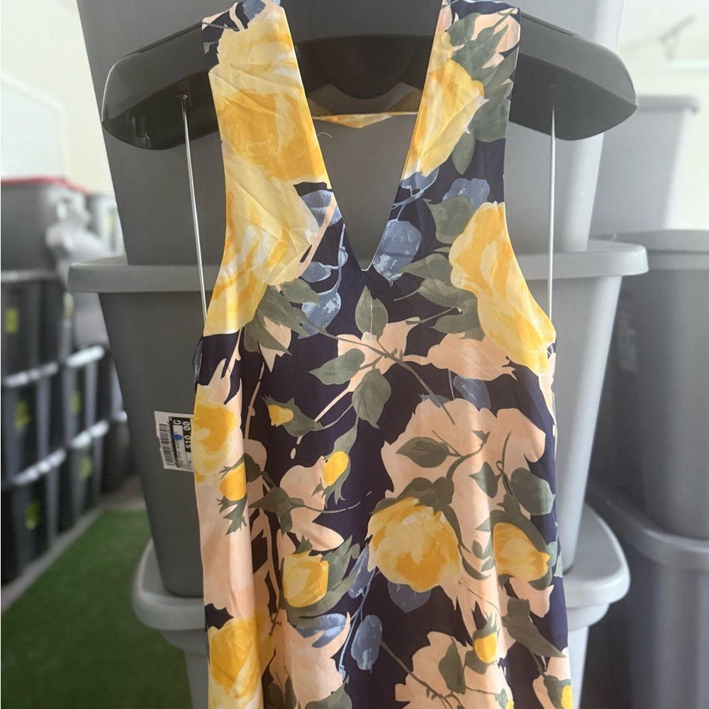 Lulu's Navy Floral Backless Dress with Yellow Roses